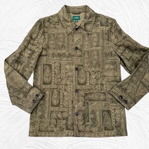 J.Crew Batik Paisley Olive Green Brown Men's Small  Cotton Linen Chore Jacket